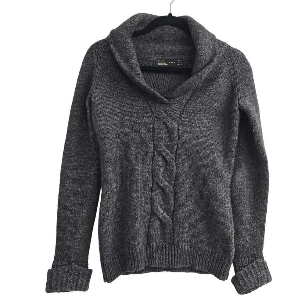 Zara Women’s Gray Wool Alpaca Blend Cable Knit Shawl Collar Sweater Sz S Cozy